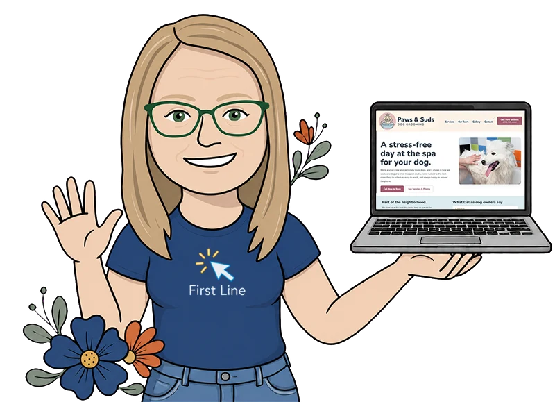 Cartoon illustration of Rebecca, The Free Website Gal, waving and holding a laptop showing a website she designed